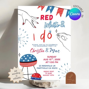 Red, White, and I do Engagement Party Invitation, Canva Editable 4th Of July Engagement BBQ Party, July Fourth Engagement Invitation C144