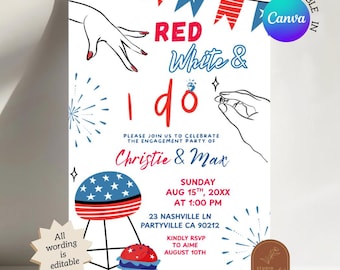 Vermelho, Branco e eu fazemos convite para festa de noivado, Canva editável para festa de noivado com churrasco, convite para noivado de 4 de julho C144