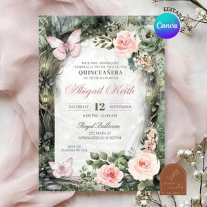 Op de afbeelding: Een Quinceañera-uitnodiging met een bloemen- en vlinderontwerp. De uitnodiging bevat de tekst "Mr & Mrs. Rodriguez nodigen u van harte uit voor de Quinceañera van hun dochter Abigail Keith". De datum is zaterdag 12 september.