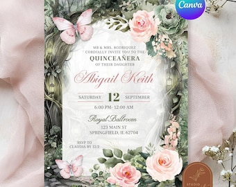 Blush Pink and Sage Green Enchanted Forest Quinceanera Invitation, Magical Forest Quince Invites, Floral Butterfly Mis Quince XV Anos A14