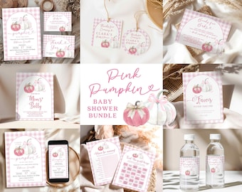 Pink Plaid Preppy Pumpkin Baby Shower Bundle Set, Pink Pumpkin Girl Baby Shower Bundle Invitation, Fall Pumpkin Bundle Set Baby Shower C5