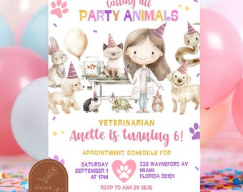 Girl Veterinary Birthday Party, Calling All Party Animals Shelter Birthday Invitation, Dog & Cat Vet Birthday Party, Kids Doctor Invite C77