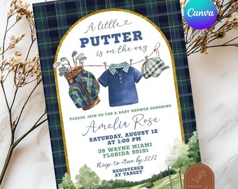 Preppy Golf Baby Shower Invitation, A Little Putter Is On The Way Baby Shower Invite, Canva Golf Theme Let's Par-tee Baby Shower C202