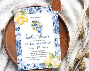 Preppy ginger jar lemon bridal shower invitation, citrus fruit chinoiserie bridal shower, blue porcelain summer lemonade shower invite C12