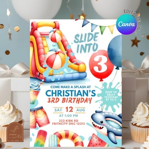 May include: A vibrant birthday invitation with a water slide design. The text reads "Slide into 3" and "Come make a splash at Christian's 3rd Birthday". Features a shark illustration, balloons, and the date of the party.
