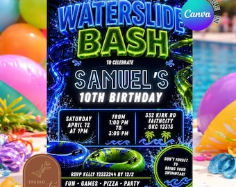 Neon Waterslide Bash Teenager Birthday Invitation, Pool Party Boy Birthday Invite, Canva Editable Summer Swimming Pool Birthday C236