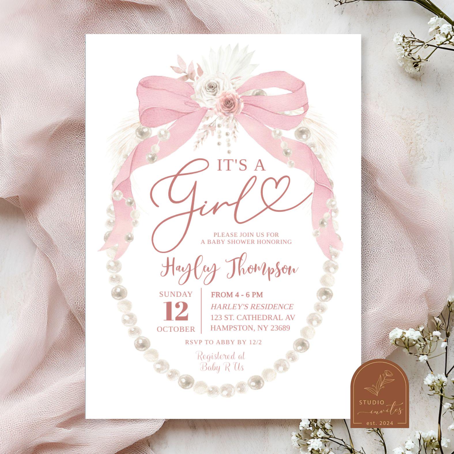 Pink Bow and Pearls Baby Shower Invitation, It's a Girl Pearl Baby Shower Invitation, Elegant Boho Pampas Coquette Baby Girl Invite C83