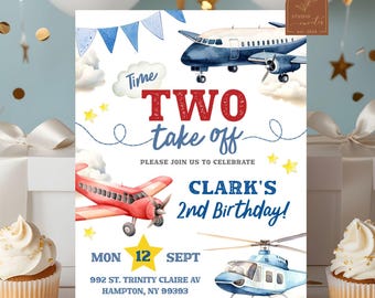 Airplanes 2nd Birthday Boy Invitation, Time Two Take Off Second Birthday Party, Pilot Kid’s Birthday Party, Aviation Birthday Party C76