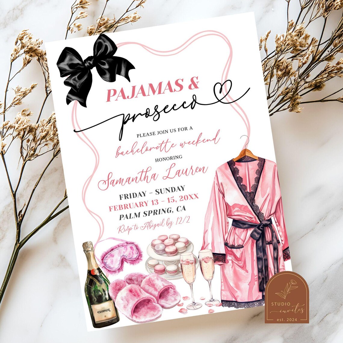 Pink Pjs and Prosecco Bachelorette Invite, Black Bow Pajamas Weekend ...