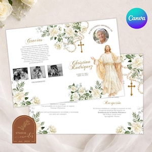 May include: A funeral program template featuring white roses, green foliage, and a gold rosary illustration. It includes a circular portrait of a person, an illustration of Jesus, and text in Spanish including "Christina Rodriguez" and "Gracias".