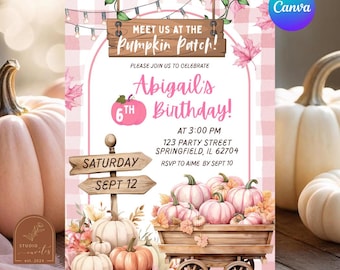 Blush Pink Plaid Pumpkin Patch Birthday Invitation, Fall Gingham Kids Birthday Invite, Canva Editable Preppy Pink Floral Girl Birthday C67