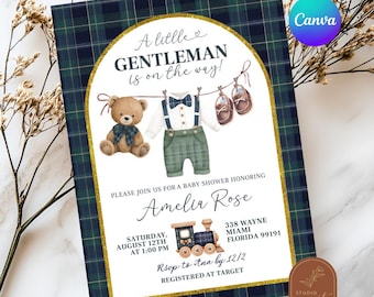 Preppy A Little Gentleman Is On The Way babyshower uitnodiging, teddybeer jongen babyshower uitnodiging, canvas bewerkbare geruite babyshower C202