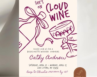 She's on cloud wine bridal shower invitation, Hand Drawn quirky wine bachelorette weekend itinerary, Vino before vow Winery invitation C56