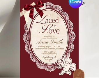 Invitation romantique vintage « Laced in Love » pour une fête prénuptiale, napperon en dentelle bordeaux Coquette, modèle Canva modifiable C268