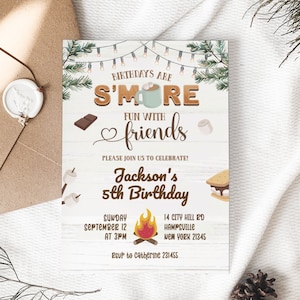 S&#39;more Fun Birthday With Friends, Backyard Camping Bonfire Kid&#39;s Birthday Invitation, Winter Campfire and Marshmallow Birthday Party C34B