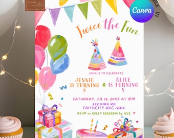 Colorful Twice the Fun Sibling Birthday Invitation, Rainbow Confetti Joint Birthday Invitation, Canva Editable Kids Birthday Invitation C153