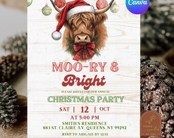 Puede incluir: Una invitación para fiesta de Navidad con una vaca Highland con gorro de Papá Noel y lazo de cuadros rojos. El texto dice MOO-RY & Bright, Please join us for our annual Christmas party, Sat 12 Oct at 5:00 PM, Smith's residence, 883 St. Claire Av, Queens, NY 99292, RSVP to Abigail by 12/11.