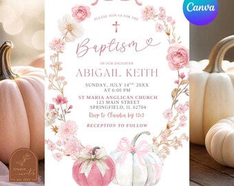 White and Pink Bow Coquette Pumpkin Baptism Invitation, Pink Wildflower Christening Invitation, Canva Editable Girl Baptism Invite C154