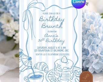 Whimsical Stripes Birthday Brunch Coffee Invitation, Blue Coquette Bow Birthday, Breakfast Adult Birthday Editable Canva Template C249