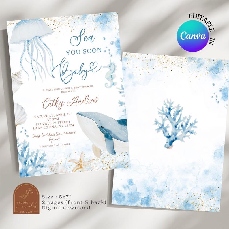 Zomer oceaan zee je binnenkort babyshower uitnodiging, nautische baby is onderweg babyshower uitnodigen, onder de zee dieren babyshower C128 afbeelding 2