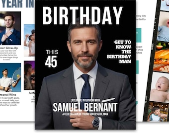 Portadas de revista personalizadas para cumpleaños de hombre en Canva, plantilla personalizada para revista de cumpleaños de hombre, regalo para tu mejor amigo, revista editable e imprimible.