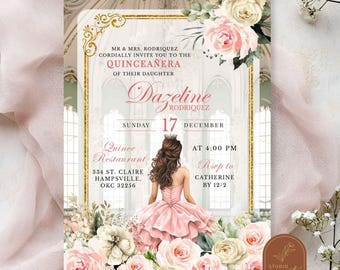 Royal Ballroom Pink Rose Gold Quinceañera Invitation, Luxury Gold Royal Princess Sweet 16th, Sage Green Floral Gold Mis Quince Invitation A5