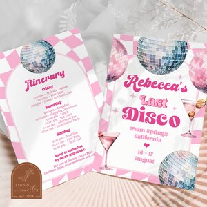 Last disco bachelorette itinerary invitation, hot pink nashville bachelorette weekend, pink retro space cowgirl bachelorette agenda C44