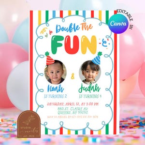 Könnte beinhalten: Eine Geburtstagseinladungskarte mit vertikalen Streifen in Rot, Grün, Blau und Gelb. Der Text lautet Double The FUN, Noah IS TURNING 2 und Judah IS TURNING 4, mit Party-Details für Samstag, den 12. April, um 17:00 Uhr in der 883 St. Claire Av.