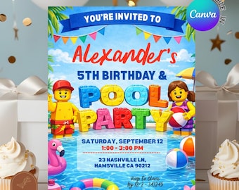 Bricks Colorful Pool Party Birthday Invitation, Building Block Brick-tastic Birthday Invite, Canva Editable Kids Birthday Party C181