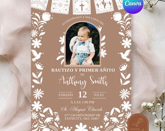 Photo Boho Brown Cielito Lindo Baptism Invitation, Charro Bautizo y Primer Anito Invite, Canva Editable Spanish Birthday and Baptism C188