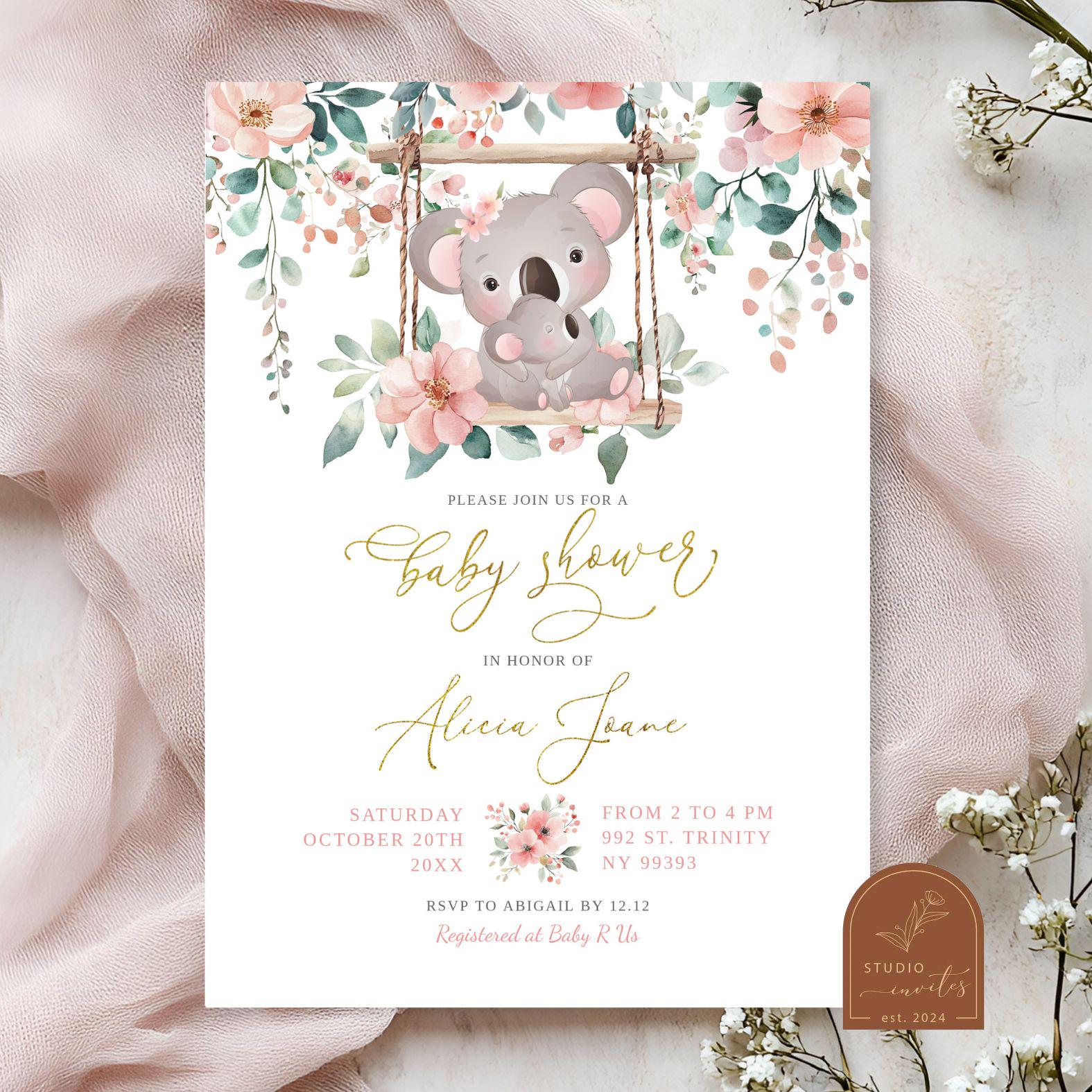 Pink Koala Baby Shower Invitation, Pink Floral Eucaplytus Australian Animal Baby Girl, Sleeping Koala Baby Shower, Safari Baby Shower C76