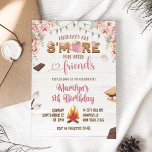 Pink S&#39;more Fun Birthday With Friends, Backyard Camping Bonfire Kid&#39;s Birthday Invite, Floral Campfire and Marshmallow Birthday Party C34