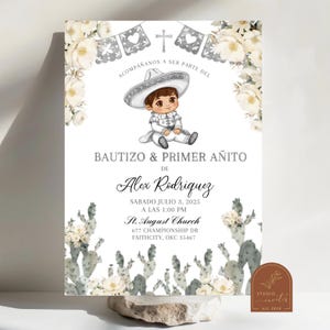 Convite de batismo e primeiro aniversário mexicano Charro Cactus, Invitación de bautizo y primer añito, prata branco batismo e aniversário C125