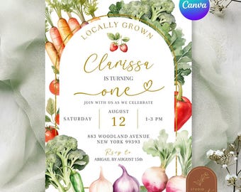 Editable locally grown garden birthday invitation, vegetable kid's any age birthday theme, farmers market harvest birthday party invite C38