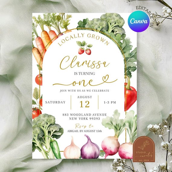 Editable locally grown garden birthday invitation, vegetable kid's any age birthday theme, farmers market harvest birthday party invite C38