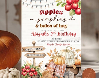 Rustic Fall Apples, Pumpkins, and bales of hay birthday invitation, Autumn Red Plaid Apple Kid's Birthday, Farmers Market Birthday C68