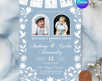 Invitación de bautismo para niños gemelos Cielito Lindo azul bebé, invitación de Charro Bautizo y Primer Anito, Canva cumpleaños y bautismo en español C188