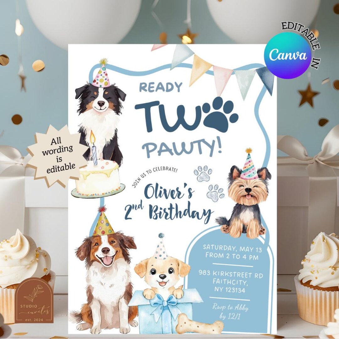 Blue Dog Ready Two Pawty Birthday Invitation, Puppy Party Boy Birthday ...