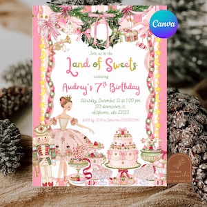 Op de afbeelding: Een verjaardagsuitnodigingskaart met een roze en wit gestreepte rand, een krans, een notenkraker, een ballerina in een roze tutu en een taart. De tekst luidt: Join us in the Land of Sweets celebrating Audrey's 7th Birthday, Saturday, December 12 at 1:00 pm, 123 downtown st, oklahoma, okc 23123, RSVP by: 12/2 to Catherine (232322334).