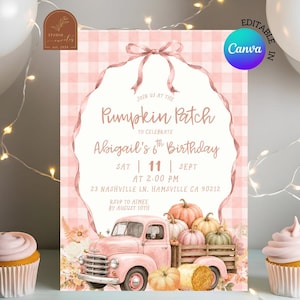 May include: A rectangular invitation card featuring a light pink gingham background and a central white oval frame tied with a pink ribbon. The text reads: Join us at the Pumpkin Patch to celebrate Abigail's 6th Birthday, Sat 11 Sept at 2:00 PM.