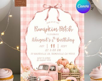 Blush Pink Gingham Pumpkin Patch Birthday Invitation, Autumn Fall Girl Birthday Invites, Canva Editable Coquette Bow Kids Birthday C255