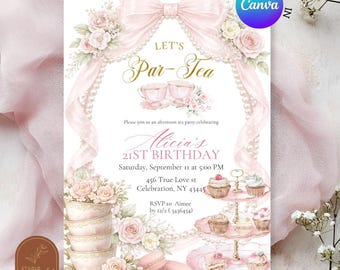 Let's Par-Tea Geburtstagseinladung, rosafarbene, kokette Einladung zur Teeparty mit Schleife und Perlen, florale Teetassen-Geburtstagsvorlage für Mädchen (Canva, bearbeitbar, C83)