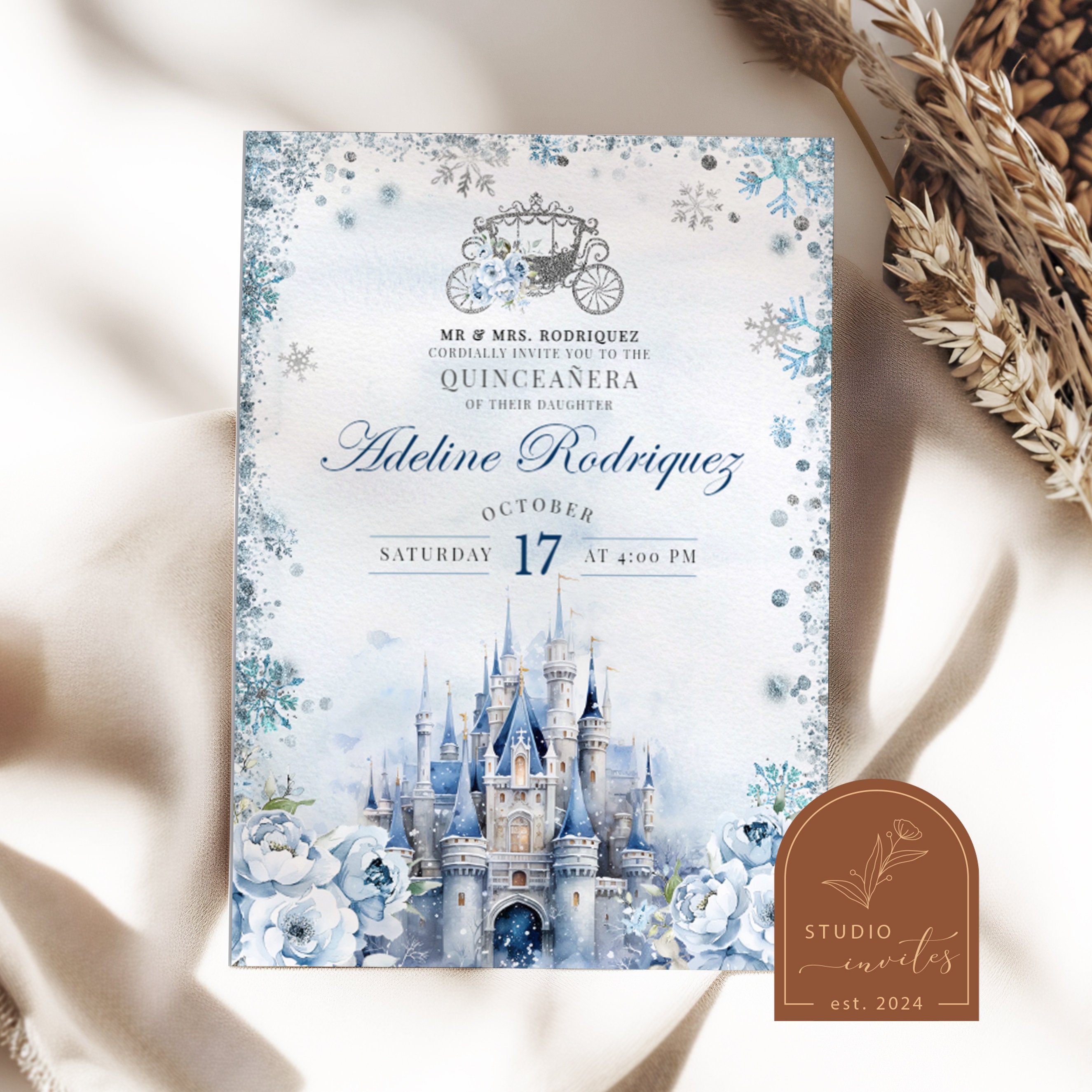 Winter Fairytale Castle Carriage Quinceanera Invitation, Dusty Blue Floral Royal Princess Invitation, Snowflake Quince Tiara Invitation QW1