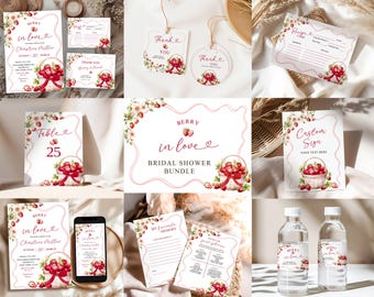Red Bow Coquette Strawberry Bridal Shower Bundle, Berry in Love Bridal Shower Bundle Set, Preppy Red Bride-to-Be Summer Wedding Shower, C8