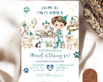 Boy Veterinary Birthday Party, Calling All Party Animals Shelter Birthday Invitation, Dog & Cat Vet Birthday Party, Kids Doctor Invite C77