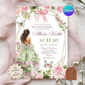 Coquette Enchanted Forest Sage Blush Pink Quinceanera Invitation, Floral Butterfly Sweet 16th Invite, Canva Geometric Mis Quince XV Años A14