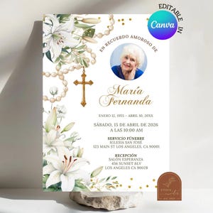 May include: A memorial card with a photo of a woman, floral accents, and a cross. The card includes the name "Mar&iacute;a Fernanda", dates, and service details. The design features white lilies and a rosary.