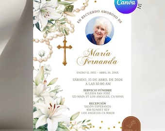 White Lily Floral Rosary Catholic Funeral Invitation, Celebration of Life Memorial Service Invite, Canva Editable Spanish Memorial C226