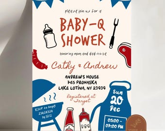 Hand gezeichnete minimalistische Babyq blaue Babyparty-Einladung, Sommer-Outdoor-Grill-Junge-Baby-Q-Dusche-Party, Hinterhof GRILL-Babyparty-Einladung C115