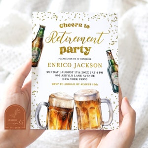 Modern beer cheers retirement party invitation, elegant gold glitter retirement party theme, beers man retired adult party invite C25